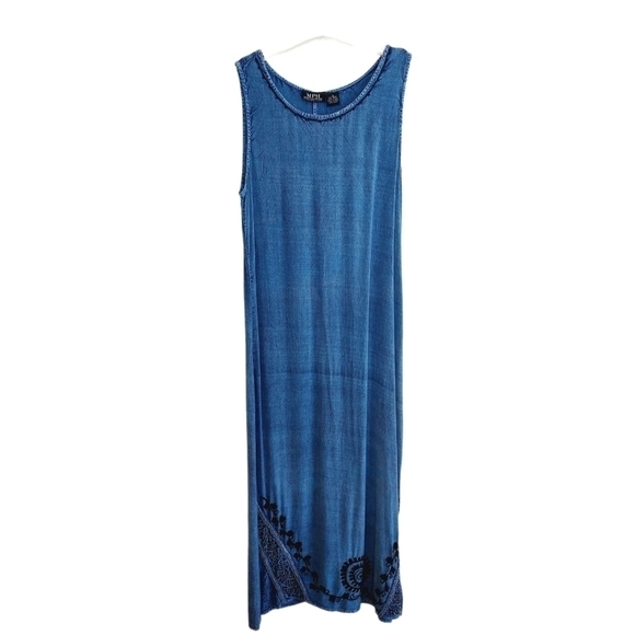 Chambray Denim Maxi Jumper Dress Womens Medium Embroidered Side Slits Tie Back - Picture 3 of 12